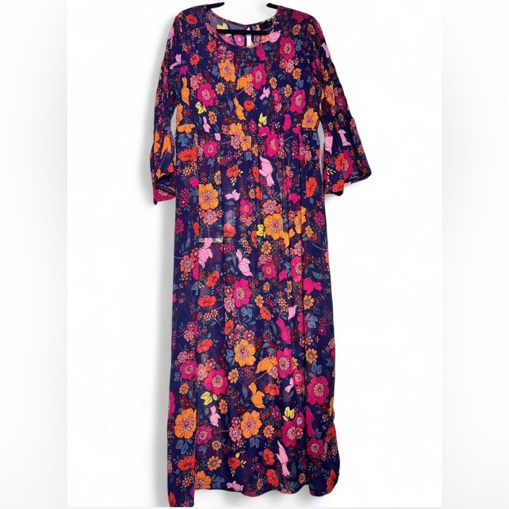 Tacera Floral Maxi Dress in Navy with Pink & Orange Blooms